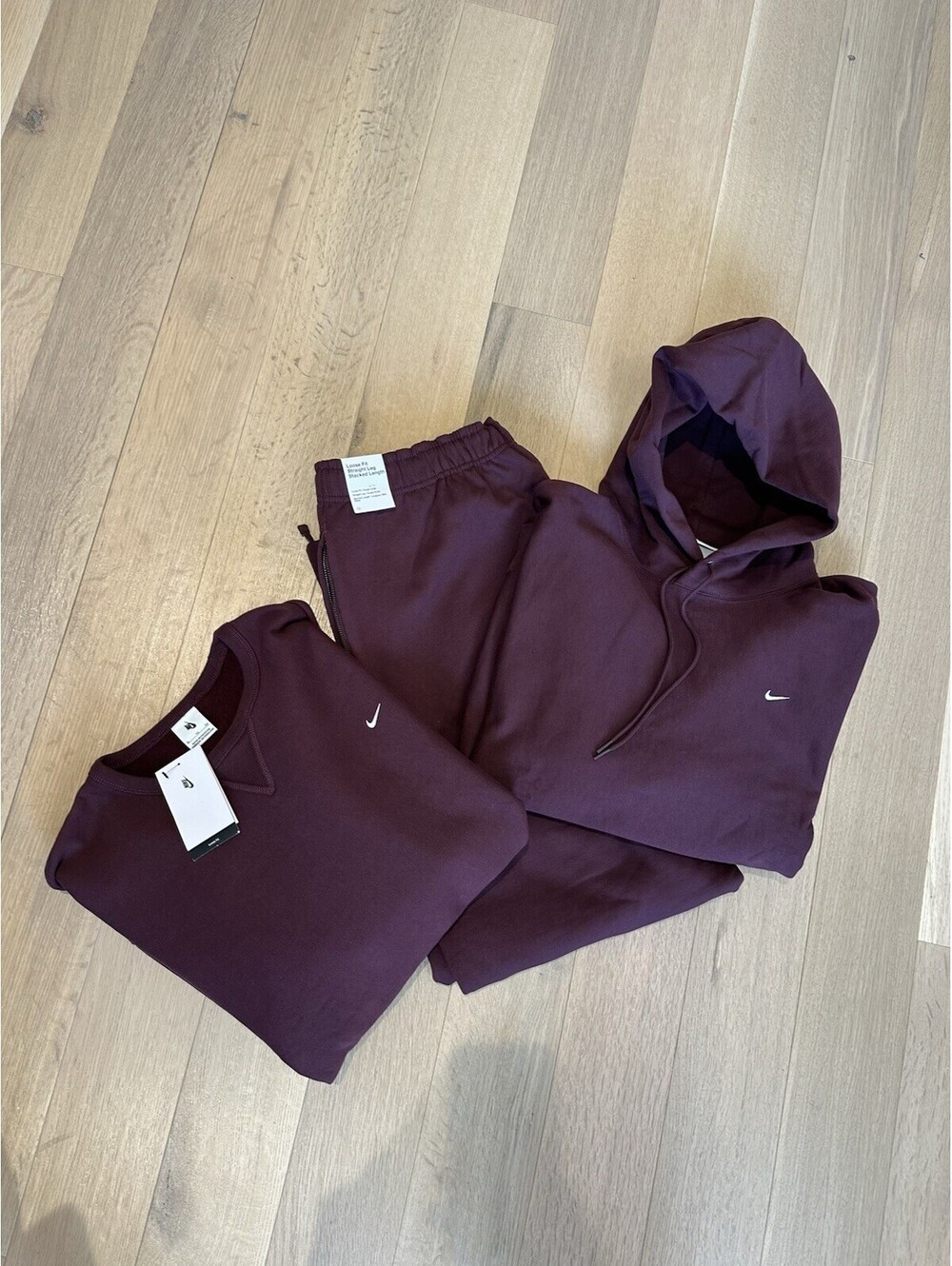 Nike Burgundy Solo Swoosh Track Suit Set Men’s Hoodie L, Crewneck XL & Pants XL